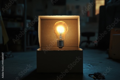 Glowing light bulb on open cardboard box. Photorealistic 3D render symbolizing creativity and innovation