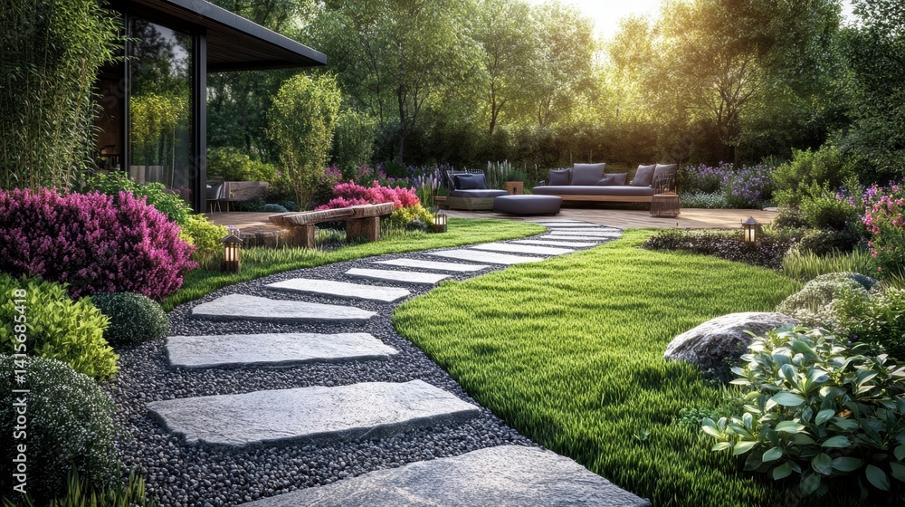 Fototapeta premium Beautiful Backyard Garden Pathway with Seating Area in a Lush Greenery Landscape