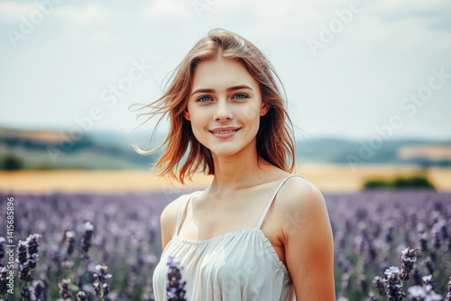 Obraz na płótnie Smiling Woman in a Lavender Field w salonie