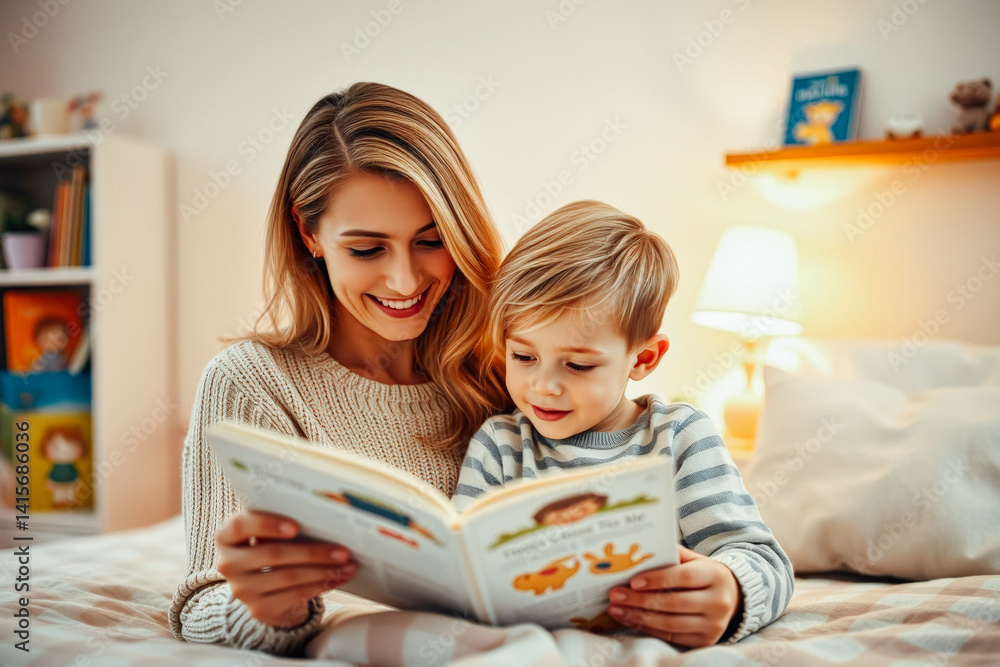 Mother and Son Reading a Book Together