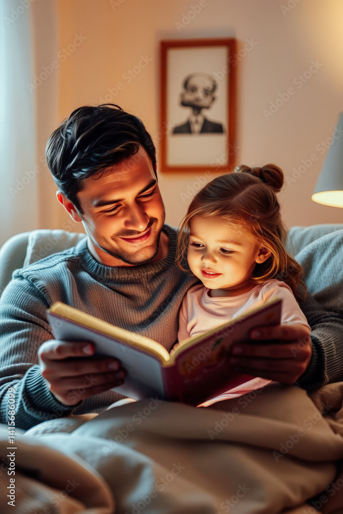 Father Reading Story to Daughter at Bedtime