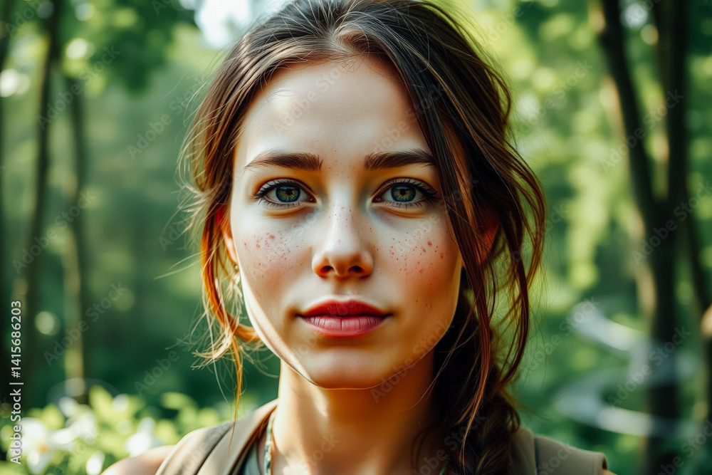 Forest Woman with Freckles and Emerald Eyes