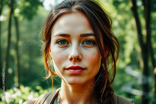 Forest Woman with Freckles and Emerald Eyes