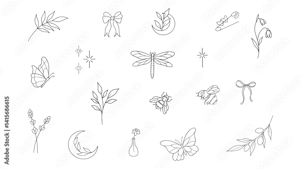 Modern line art moon, bee, flowers, butterfly, Pin vector illustration Modern line art moon, bee, flowers, butterfly, Pin vector illustration