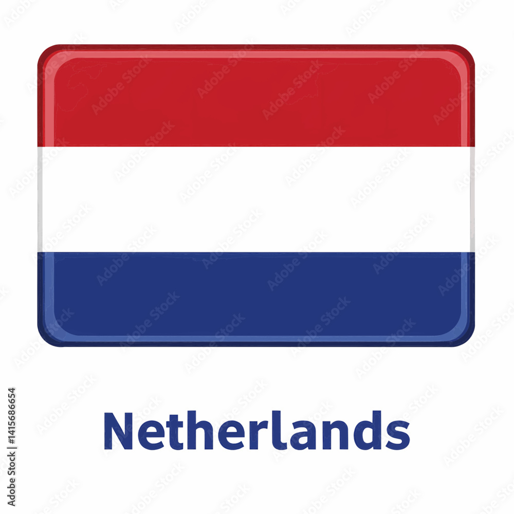 A clear digital illustration of the rectangular flag of netherlands. Below the flag, the word A clear digital illustration of the rectangular flag of netherlands. Below the flag, the word
