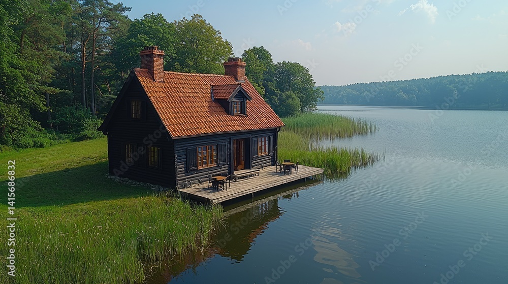 Fototapeta premium Lakeside Log Cabin With Deck And Stunning Views