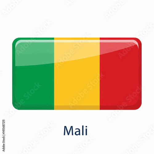 A clear digital illustration of the rectangular flag of mali. Below the flag, the word "mali" is written on a white background. Vector illustration.