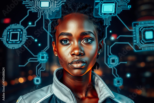 Obraz na płótnie Cyberpunk Woman with Futuristic Interface w salonie