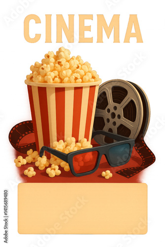 Enjoying Popcorn and 3D Glasses at a Cinema With a Vintage Film Reel in View