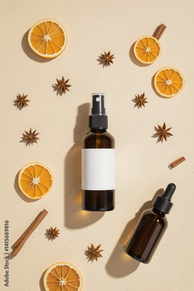 Naklejka premium amber bottles with dried orange and spices on beige background