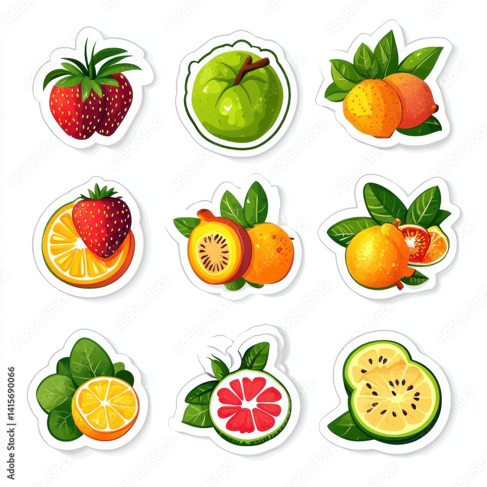 Vector flat sticker pack of tropical and temperate fruits with commercial tags: 'Eco-Friendly', 'Sweet & Ripe', 'Certified Organic on white Vector flat sticker pack of tropical and temperate fruits with commercial tags: 'Eco-Friendly', 'Sweet & Ripe', 'Certified Organic on white