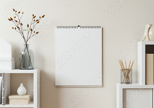 Blank calendar mockup hanging on wall with minimalist decor and shelves