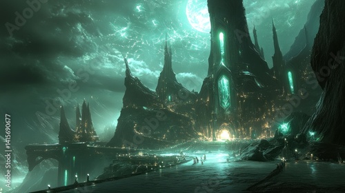 Dark, ethereal citadel emerges from a mystical landscape.