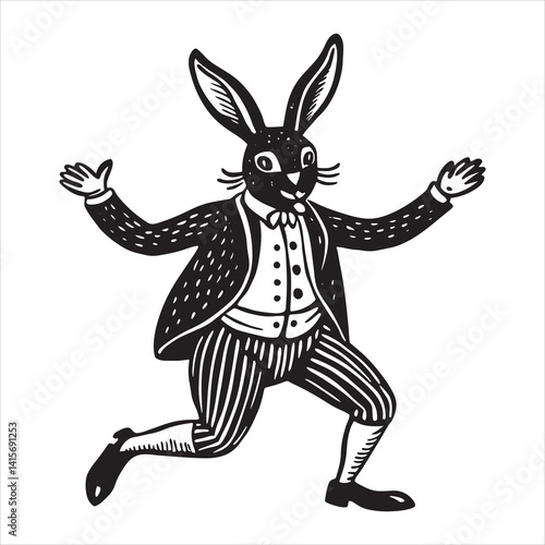 Vintage White Rabbit in Formal Attire – Black and White Classic Illustration
