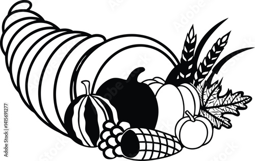 Thanksgiving Cornucopia Silhouette Vector, decor, festive, october, november, gathering, meal, richness