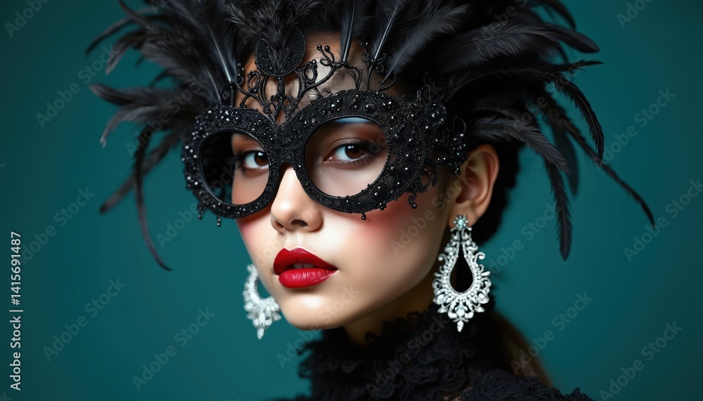 Asian woman portrait with avant-garde accessories. Black beaded mask with feathers, crystal earrings. Red lips makeup, stylish design. Photo art for fashion, beauty industry projects. Chic modern Asian woman portrait with avant-garde accessories. Black beaded mask with feathers, crystal earrings. Red lips makeup, stylish design. Photo art for fashion, beauty industry projects. Chic modern