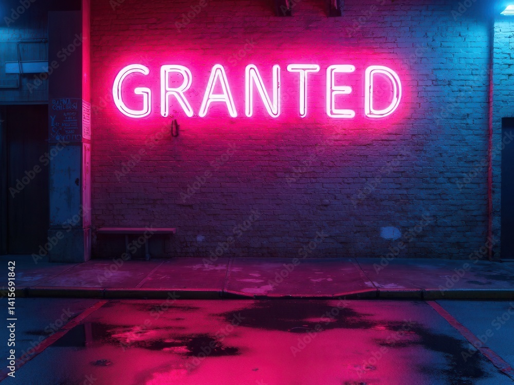 Rays neon light on neon brick wall. Empty scene. Neon reflections on wet asphalt. Cyberpunk background with copy space..