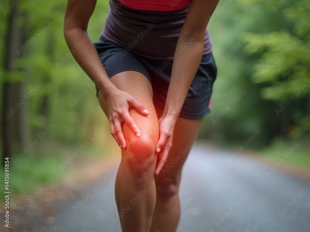 Joint problems and tendon inflammation. Sporty woman who suffered a knee accident during the run..