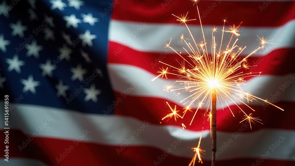 Sparklers and american Flag. Independence day USA . Celebration 4th of July - Patriotic Holiday..
