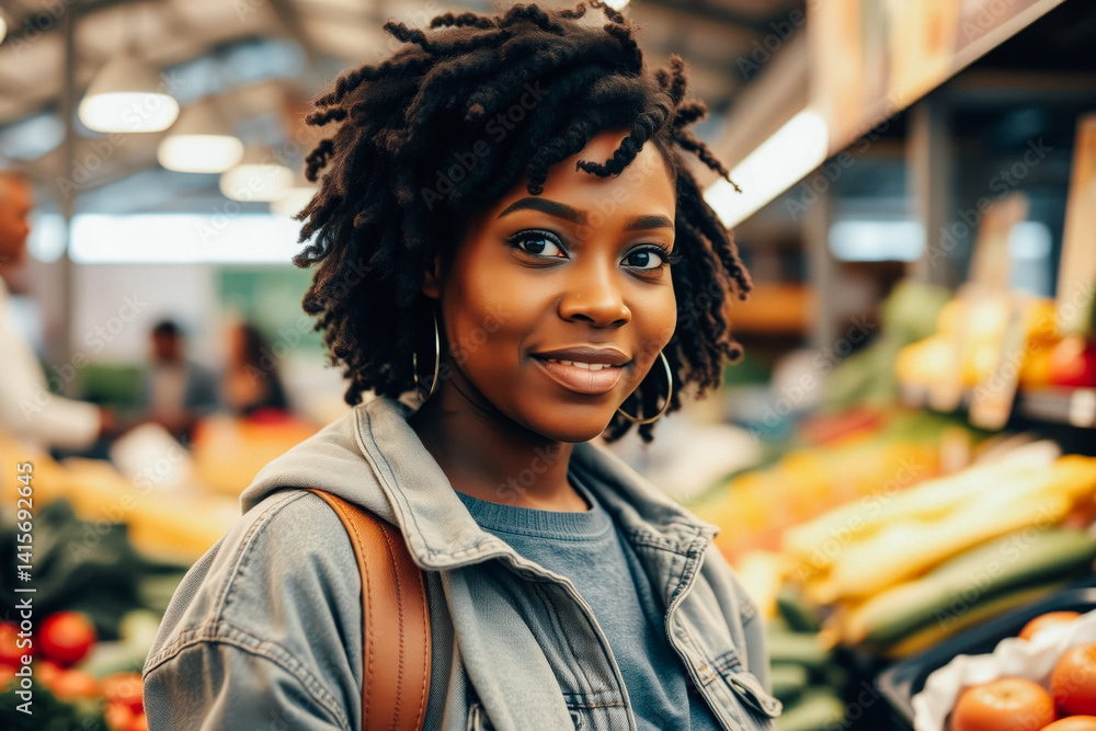 Happy Woman Shopping for Fresh Produce