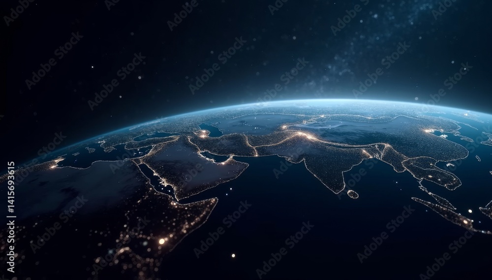 Obraz premium illustration of glowing planet with yellow network connecting cities on black background
