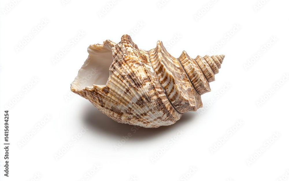 Close-up of a fossilized seashell, spiraled and textured with brown and beige tones, isolated against a stark white background. The shell shows intricate details of its natural formation Close-up of a fossilized seashell, spiraled and textured with brown and beige tones, isolated against a stark white background. The shell shows intricate details of its natural formation