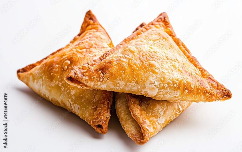 Three golden-brown, triangular pastries are stacked on a solid white background. The pastries have a slightly crispy texture and appear warm and delicious Three golden-brown, triangular pastries are stacked on a solid white background. The pastries have a slightly crispy texture and appear warm and delicious
