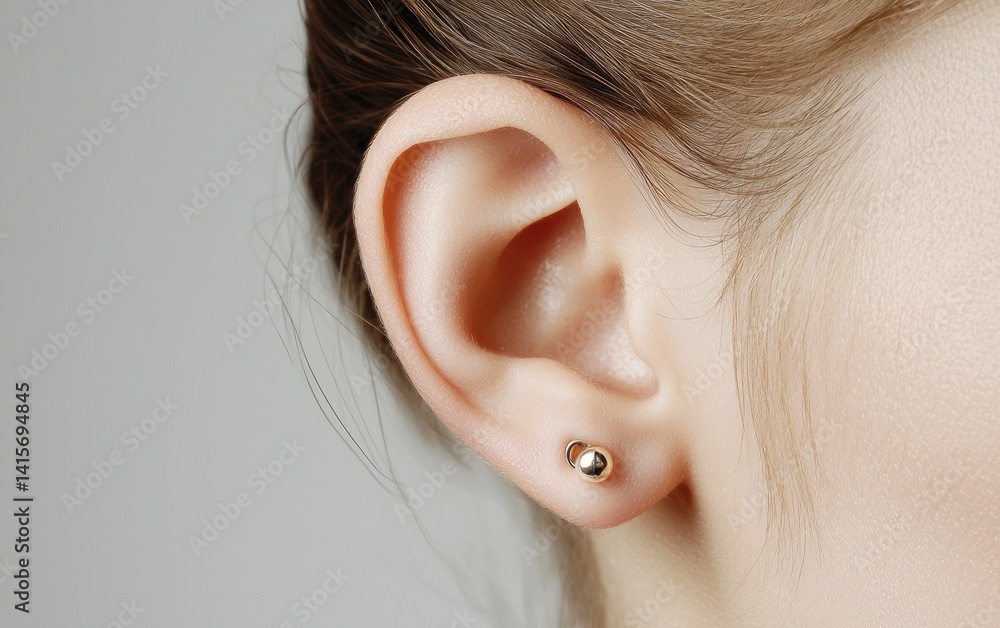 Close-up of a person's ear with a small gold stud earring. The image is softly lit against a neutral gray background, highlighting the skin's texture. Close-up of a person's ear with a small gold stud earring. The image is softly lit against a neutral gray background, highlighting the skin's texture.