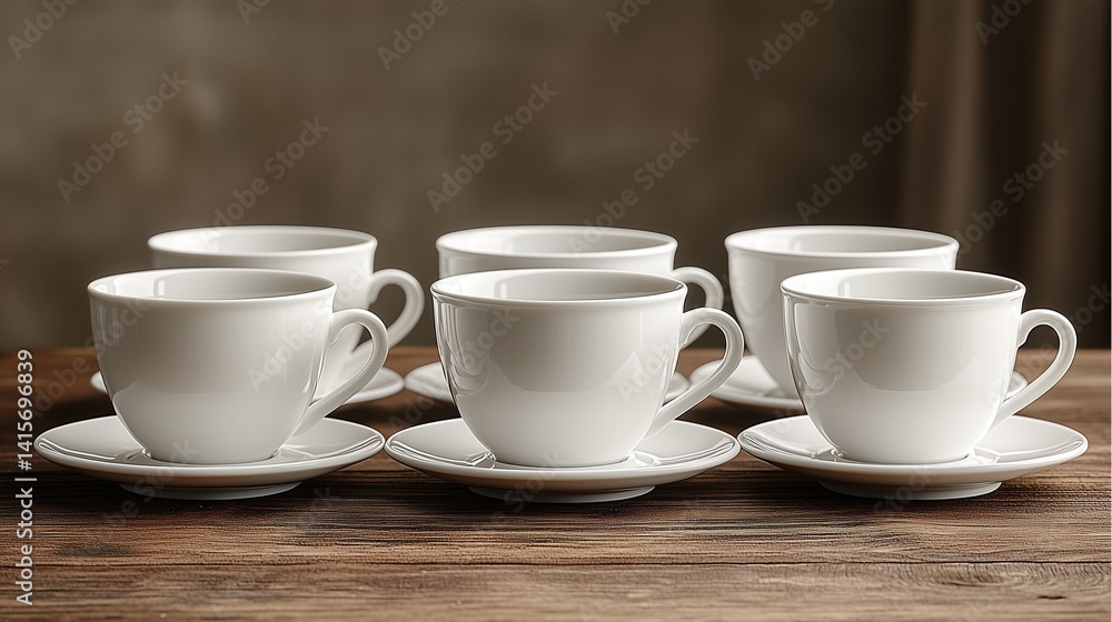Fototapeta premium Minimalist coffee tableware white ceramic coffee cups and saucers set with espresso cups, latte mugs, and cappuccino pieces arranged elegantly, showcasing refined white ceramic coffee cups and saucers