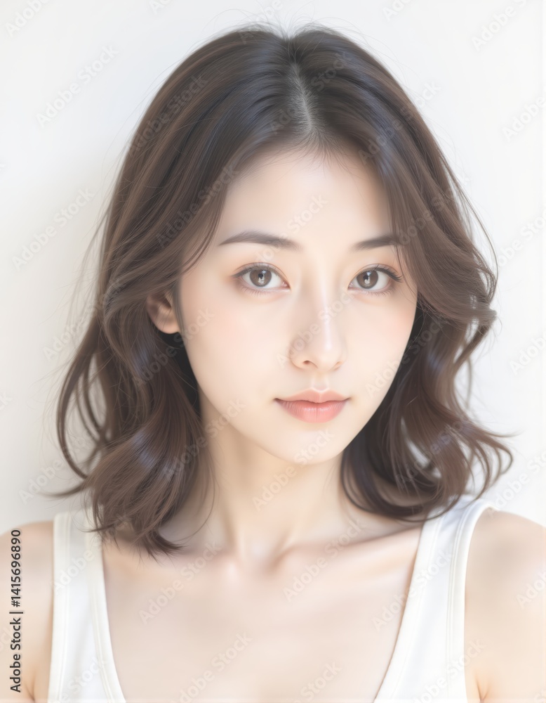 Beautiful Asian Woman with Wavy Bob Hairstyle Posing for Portrait, Natural Light, Beauty Concept Beautiful Asian Woman with Wavy Bob Hairstyle Posing for Portrait, Natural Light, Beauty Concept