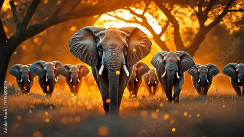 Majestic elephant herd at sunset.