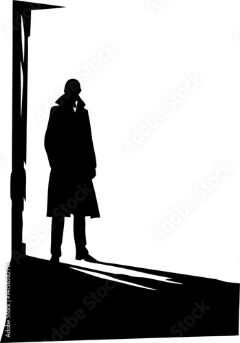 Mysterious Silhouette in Doorway – Dramatic Vector Illustration