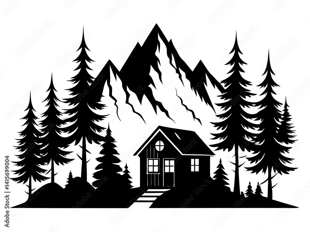 Obraz premium Small Home Mountain Forest Silhouette Vector | Cozy Cabin & Nature Scene SVG Icon for Crafts & Decor