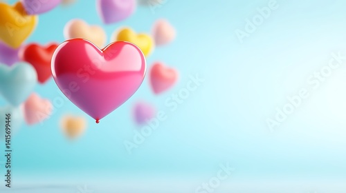 Colorful Heart Balloons Floating Against a Soft Blue Background with a Dreamy Feel