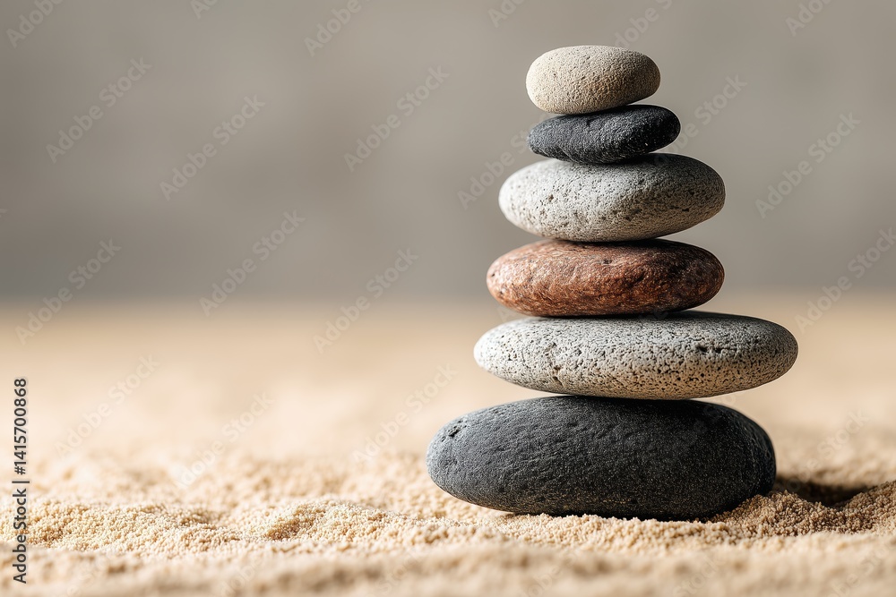 Ausgewogene Steinformation auf Sand mit weichem Licht

