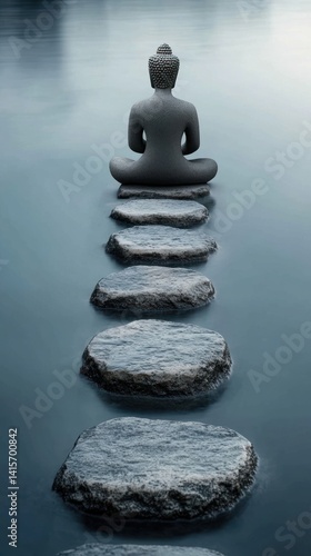 A stone statue meditates serenely upon stepping stones in water