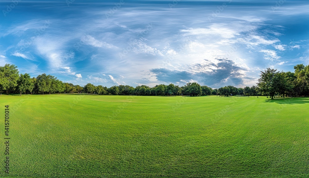Panoramic view of a green field with trees under a blue sky. Panoramic view of a green field with trees under a blue sky.