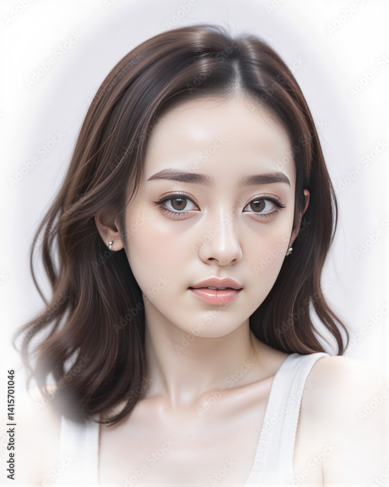 Portrait of a Beautiful Asian Woman with Natural Makeup and Wavy Brown Hair, Isolated on White Portrait of a Beautiful Asian Woman with Natural Makeup and Wavy Brown Hair, Isolated on White