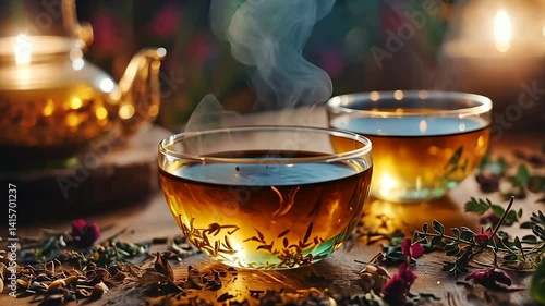 Two steaming cups of herbal tea, illuminated by candles, surrounded by dried herbs on a wooden surface