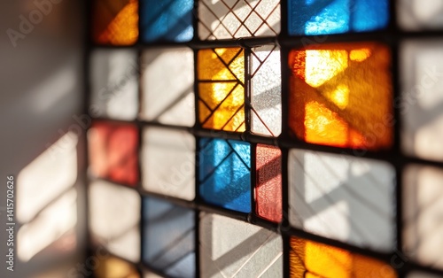 Wallpaper Mural Close-up of a colorful stained-glass window illuminated by morning sunlight. The image shows various shades of blue, orange, red, and white in a geometric pattern. Light casts shadows on the glass Torontodigital.ca
