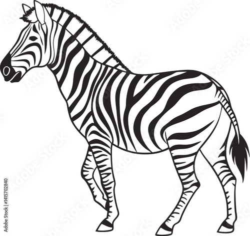 Black and White Zebra Illustration in Side Profile | 
Detailed Standing Zebra Line Art for Print and Design | Minimalist Zebra Drawing with Bold Stripe Patterns
