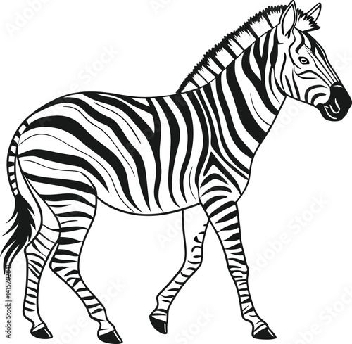 Black and White Zebra Illustration in Side Profile | 
Detailed Standing Zebra Line Art for Print and Design | Minimalist Zebra Drawing with Bold Stripe Patterns