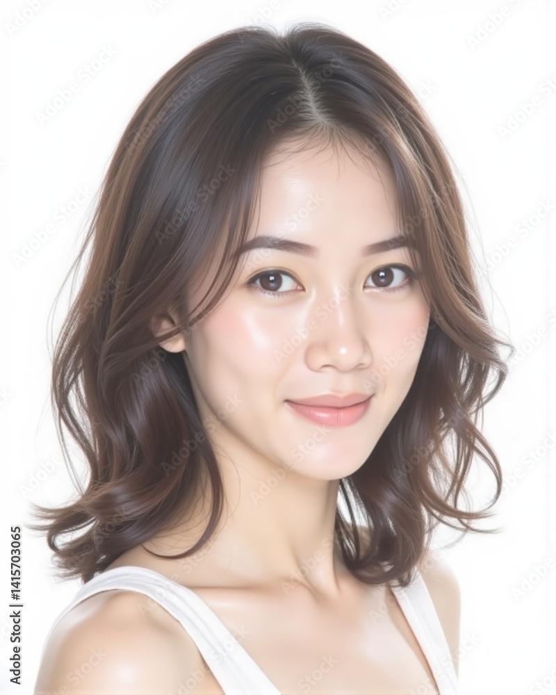 Portrait of a Beautiful Asian Woman with Shoulder-Length Wavy Hair and Natural Makeup, Perfect for Beauty and Lifestyle Content Portrait of a Beautiful Asian Woman with Shoulder-Length Wavy Hair and Natural Makeup, Perfect for Beauty and Lifestyle Content