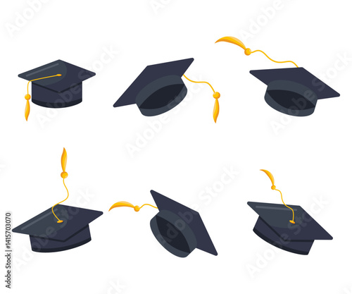 Graduate caps hats with tassels. University or student academic caps, realistic isolated vector. Graduate student hats or college degree black square hats with golden tassels