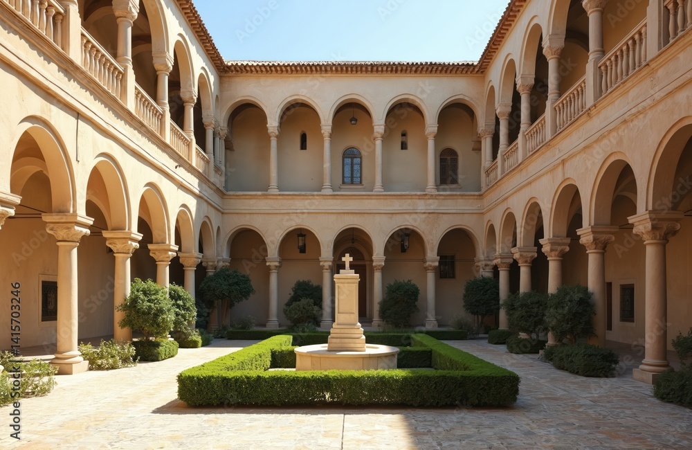 Fototapeta premium Picturesque view cloisters Holy Cathedral El Salvador Orihuela Spain. Historic architecture, arched colonnade courtyard, old European town. Sunlit religious building, cultural heritage landmark.