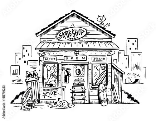 Hand drawn illustration of a skateboard shop in cartoon style. Art in free and simple lines.