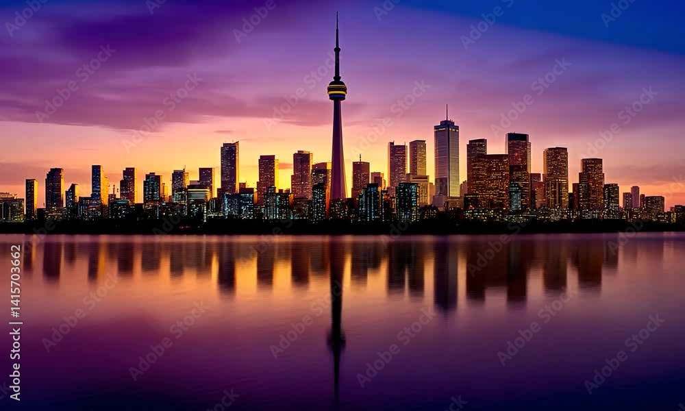 Sunset over Toronto skyline reflecting in water, showcasing urban architecture and serenity Sunset over Toronto skyline reflecting in water, showcasing urban architecture and serenity