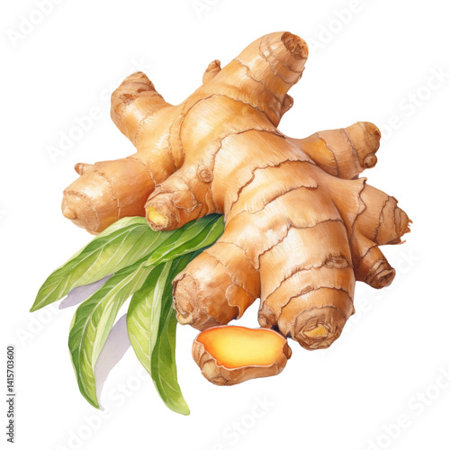 Watercolor painting of ginger root isolated on transparent background.