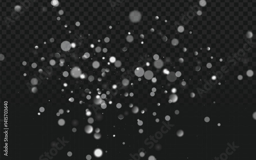 A flurry of soft white bokeh lights drifts across a transparent dark checkered background. The blurred circles of varying sizes create a gentle and ethereal atmosphere, like falling snow or magical sp