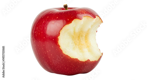Bitten red apple with a missing bite showing fresh fruit texture close up